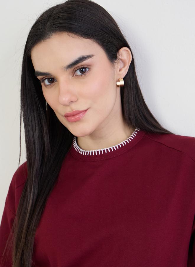 Styli Burgundy Cotton T-Shirt with Overlock Stitch - Image 1